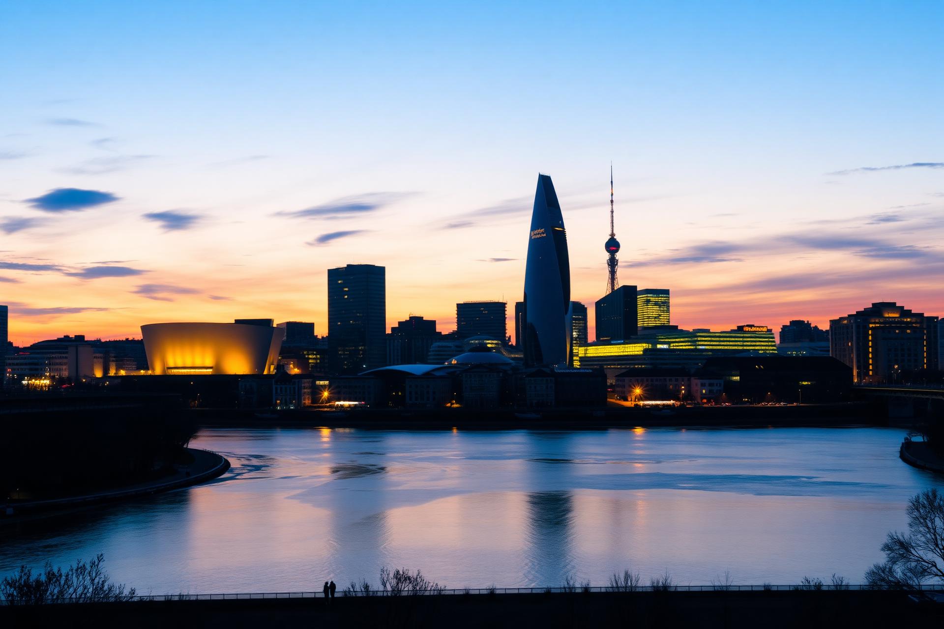 Skyline de Bilbao al atardecer con el museo Guggenheim y la torre Iberdrola